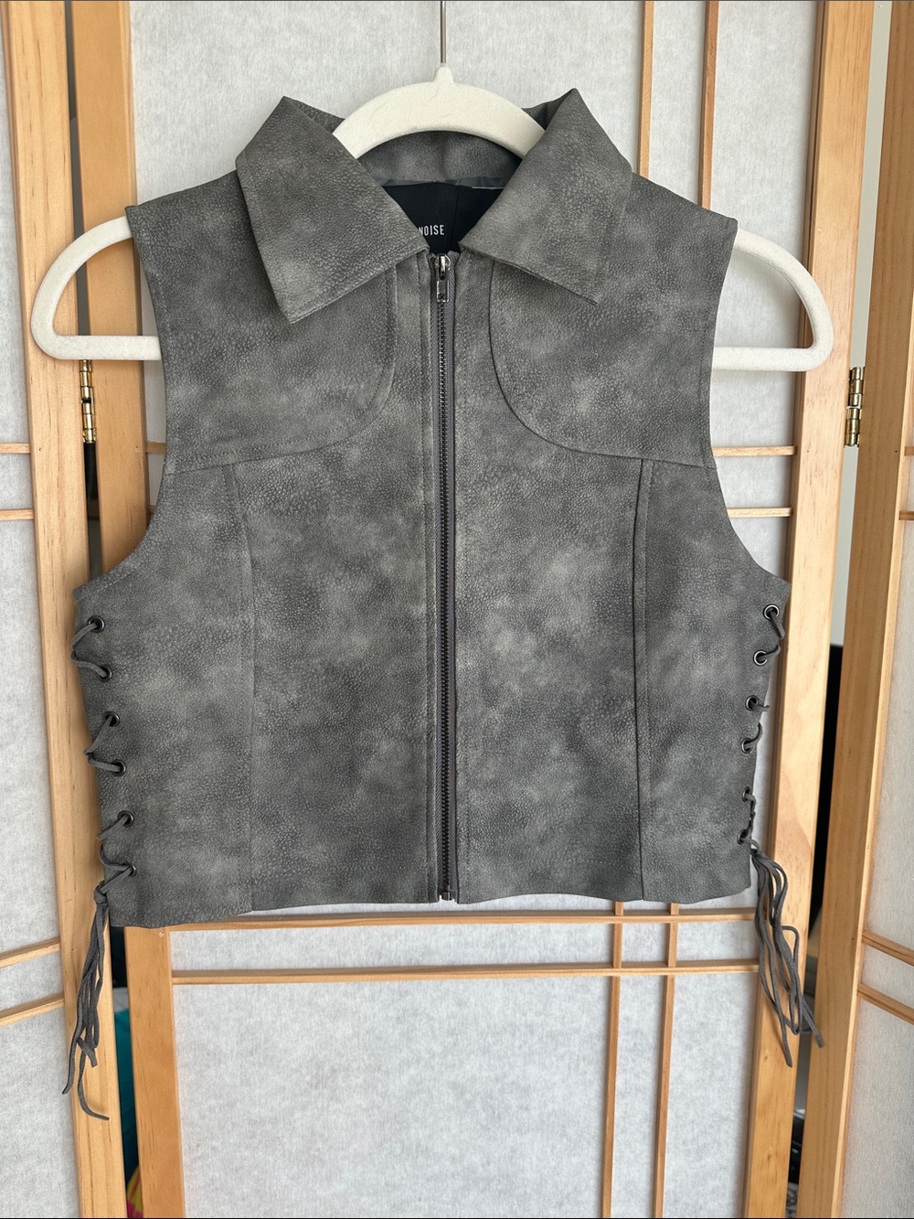 Grey Faux Leather Zip Front Vest with Lace-Up Sides